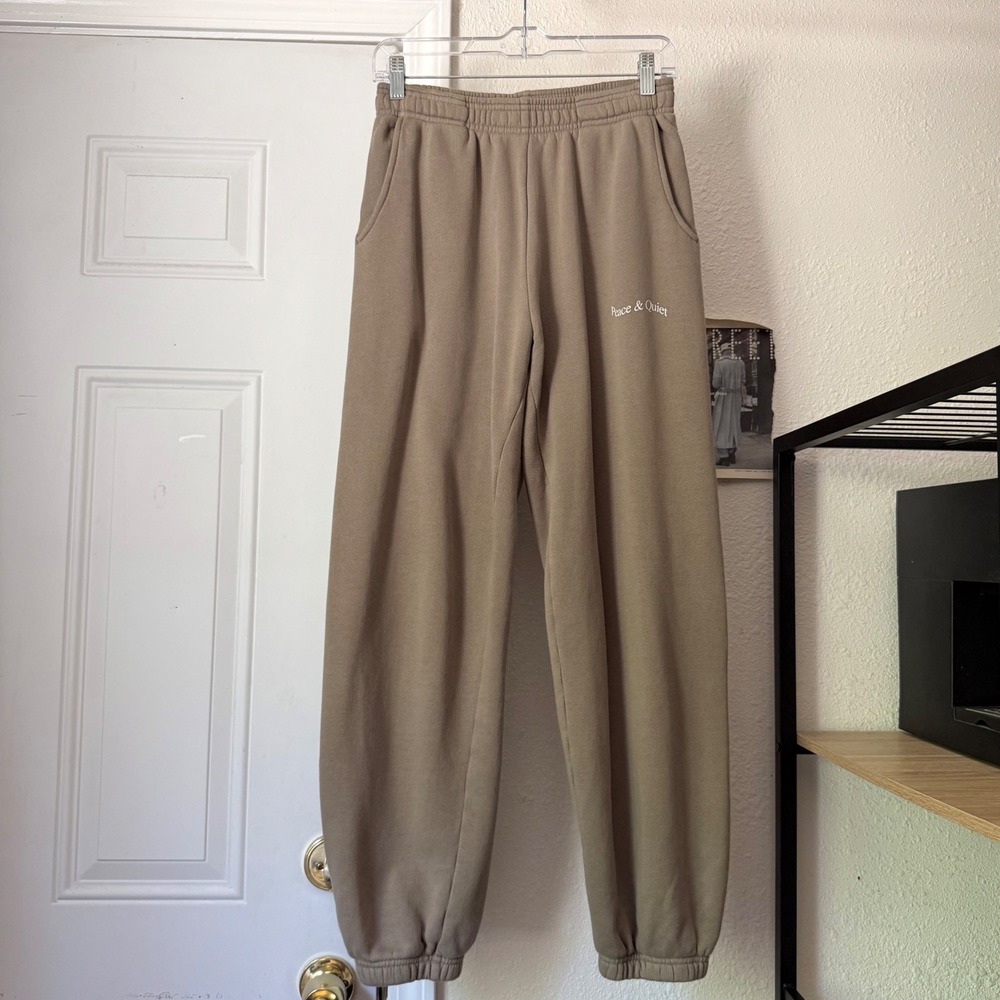 MUSEUM OF PEACE & QUIET tan beige logo cotton  terry jogger sweat pants
